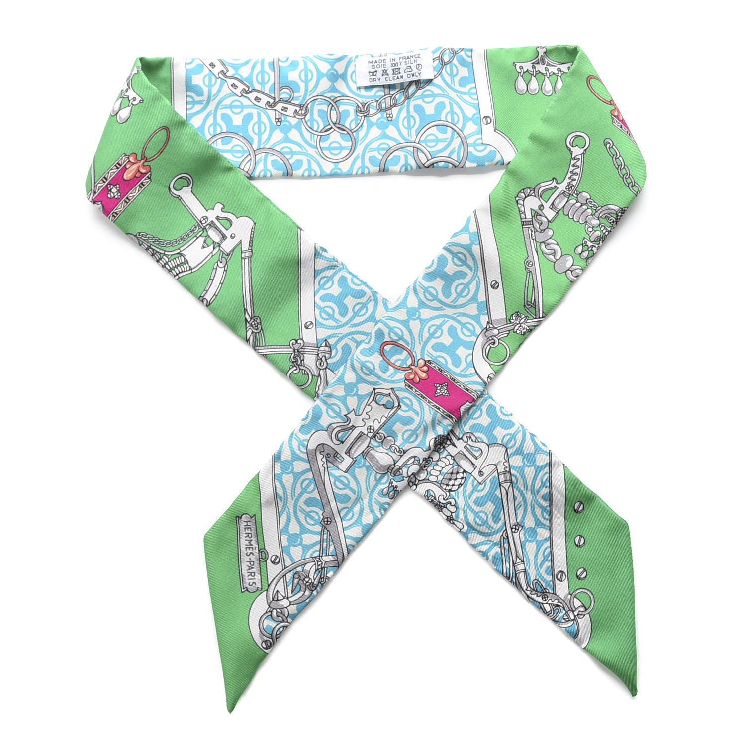 Hermes Silk Mors Et Gourmettes Remix Twilly Vert Vif Bleu Fuchsia 1 of 4