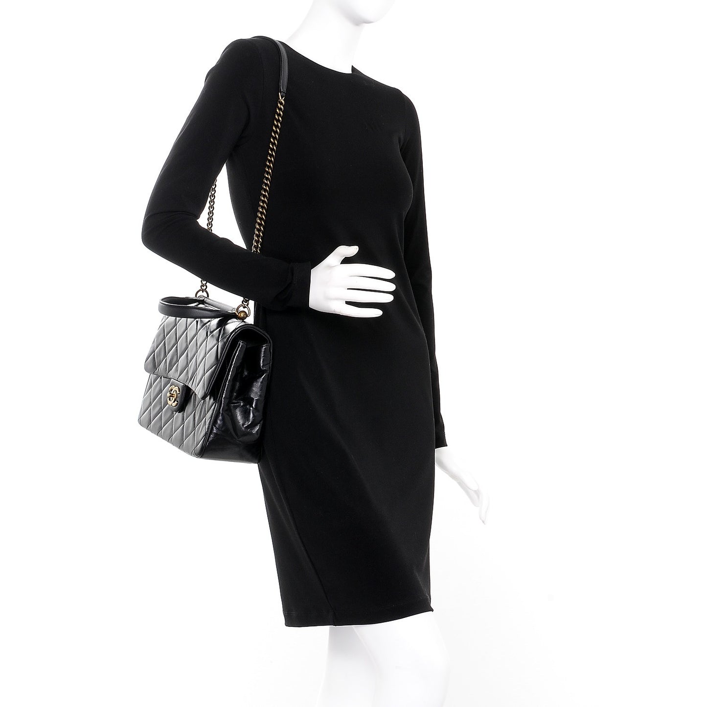 Calfskin Quilted Large Gold Bar Top Handle Flap Black