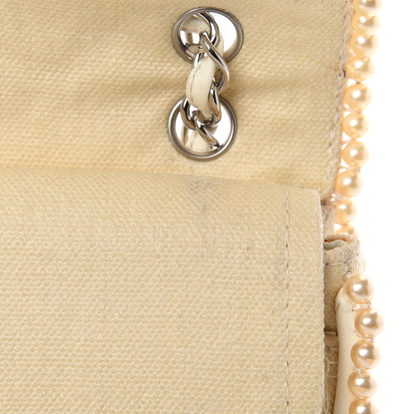 Canvas Quilted Pearl Trim Medium Flap Beige