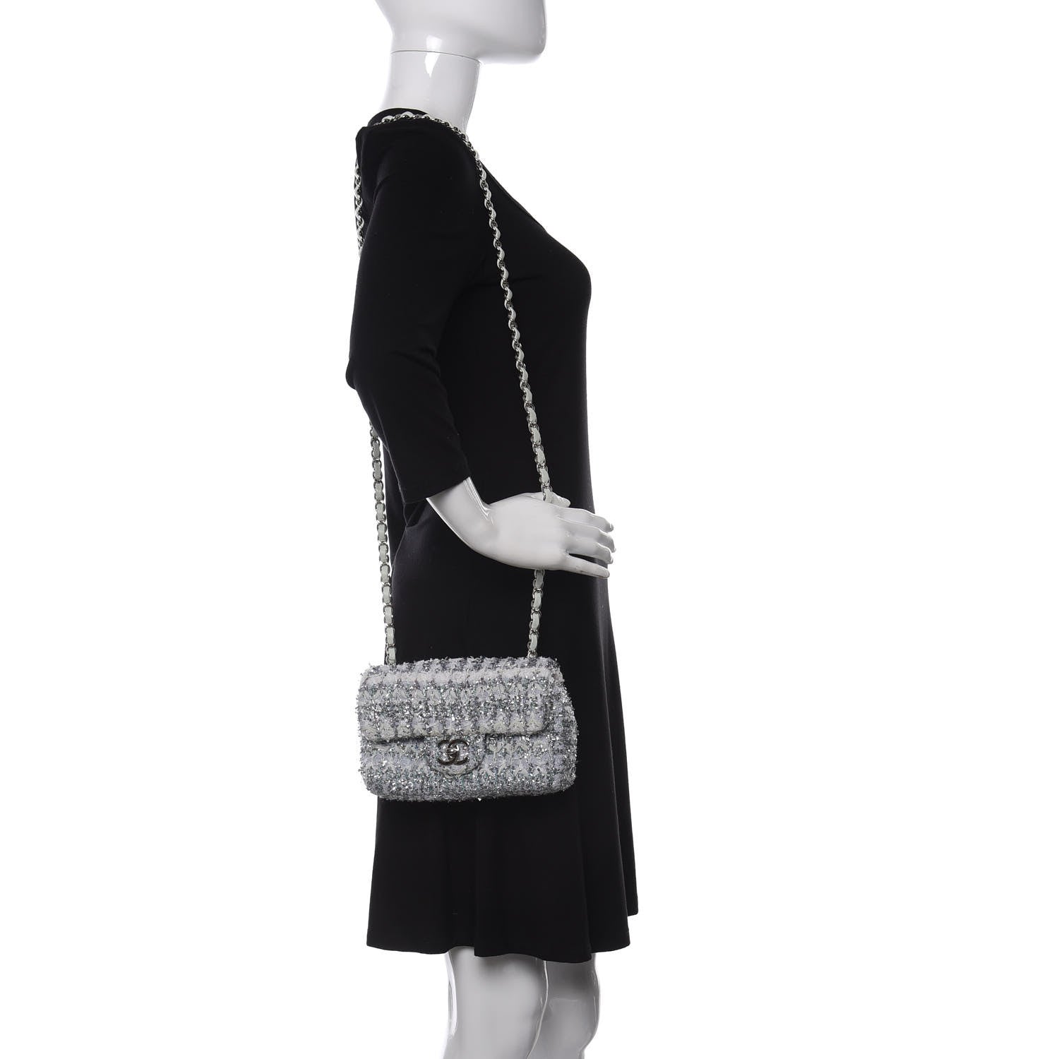 Chanel Tweed Quilted Mini Rectangular Flap Light Green Silver White 2 of 10