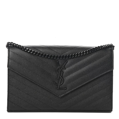 Saint Laurent Grain De Poudre Matelasse Chevron Monogram Chain Wallet Black 1 of 8