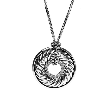 David Yurman Sterling Silver Diamond Sculpted Cable Disc Necklace 5 of 7