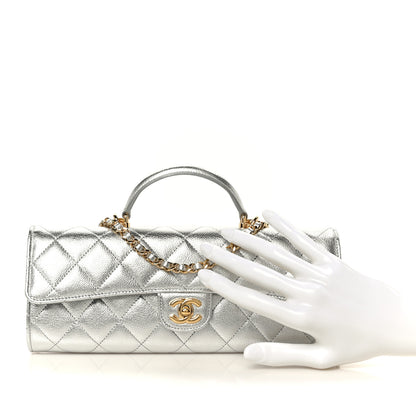 Chanel Metallic Caviar Quilted Top Handle Long Clutch With Chain Silver 3 of 13