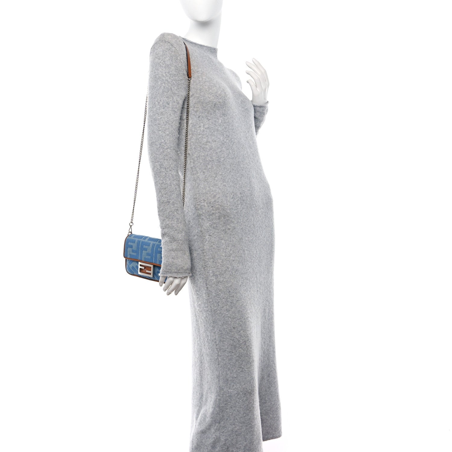 Fendi Denim Vitello King FF Embroidered Mini Baguette Denim Chiaro Brandy 2 of 12