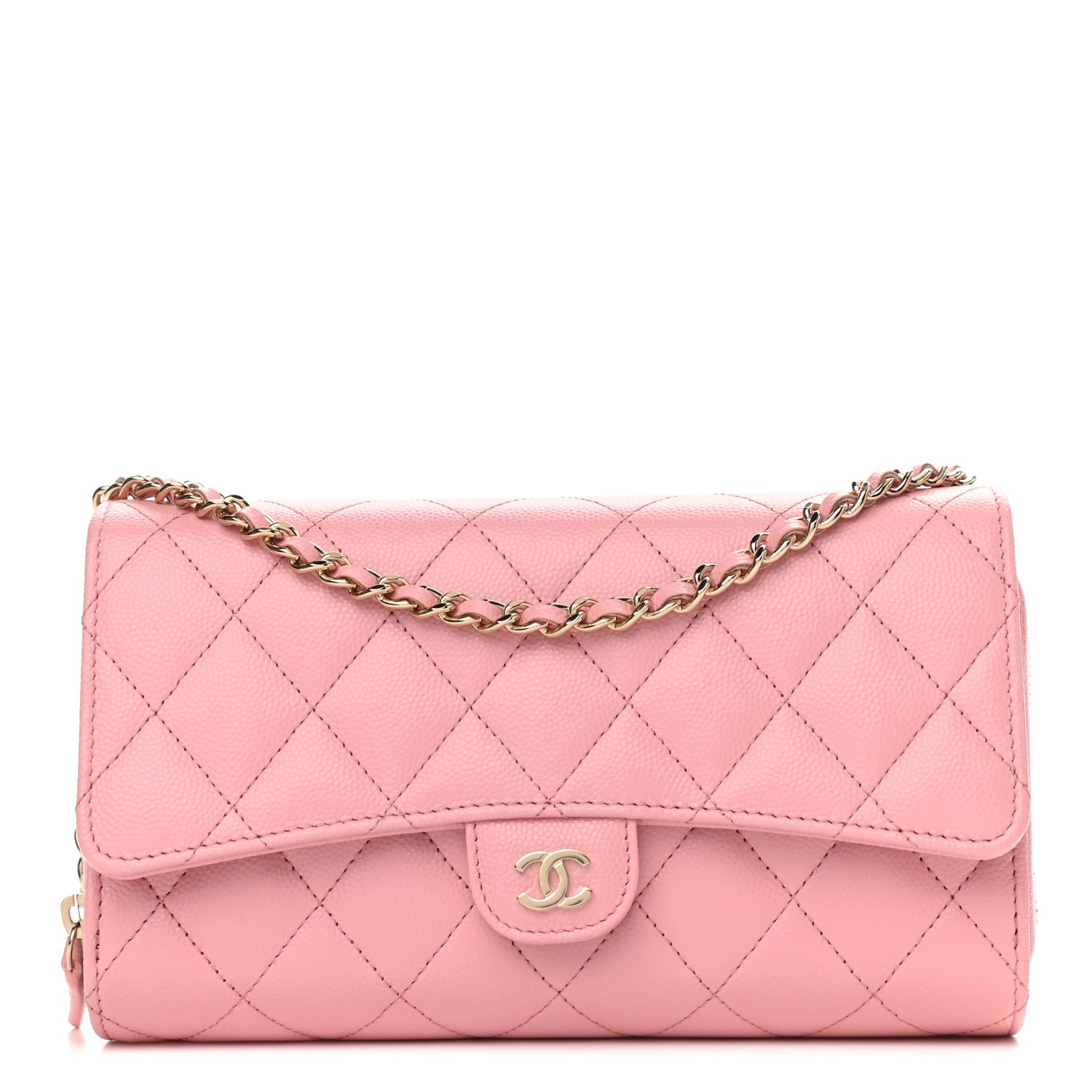 Caviar Quilted Phone Holder Wallet on Removable Chain Pink