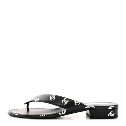 Chanel Printed Lambskin Coco Beach Thong Sandals 41 Black White 1 of 14