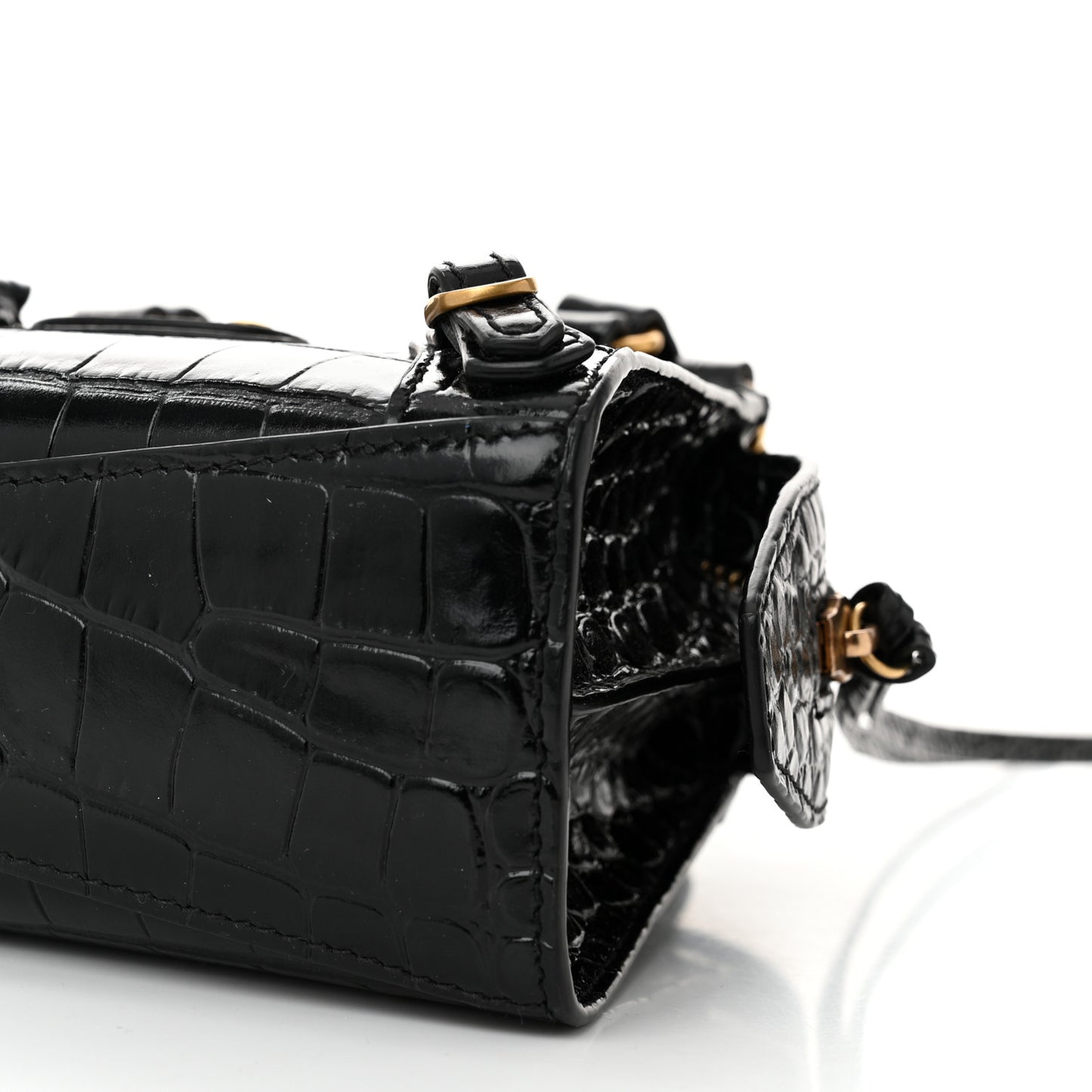 Shiny Supple Calfskin Crocodile Embossed Neo Classic Gold Hardware Nano City Crossbody Black