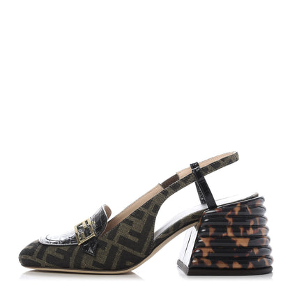 Fendi Jacquard Calfskin FF Tortoise Promenade Slingback Loafer Pumps 36.5 Tobacco 1 of 9