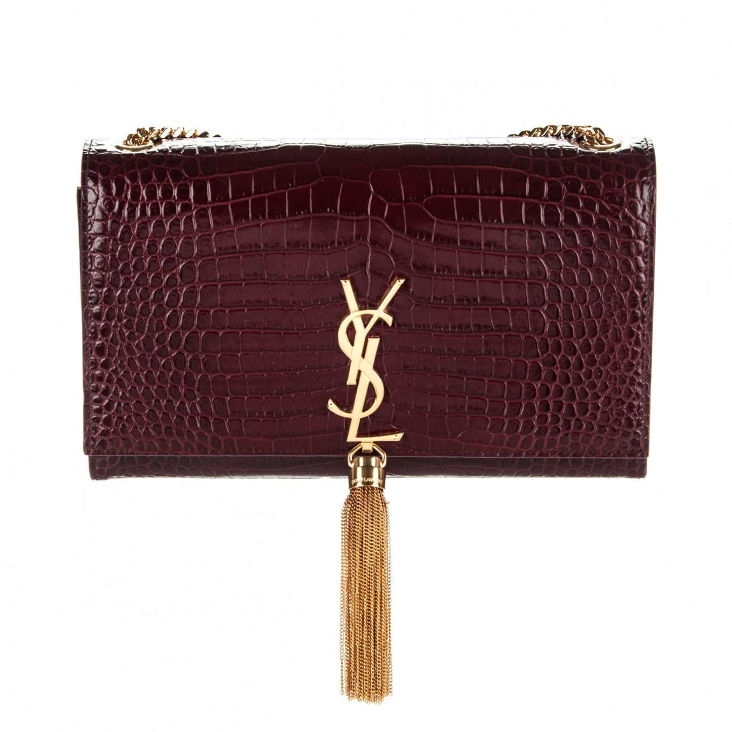 Calfskin Crocodile Embossed Medium Classic Monogram Kate Tassel Satchel Dark Red