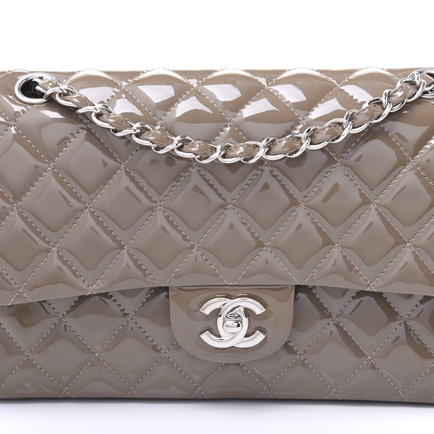 Patent Calfskin Quilted Medium Double Flap Grey