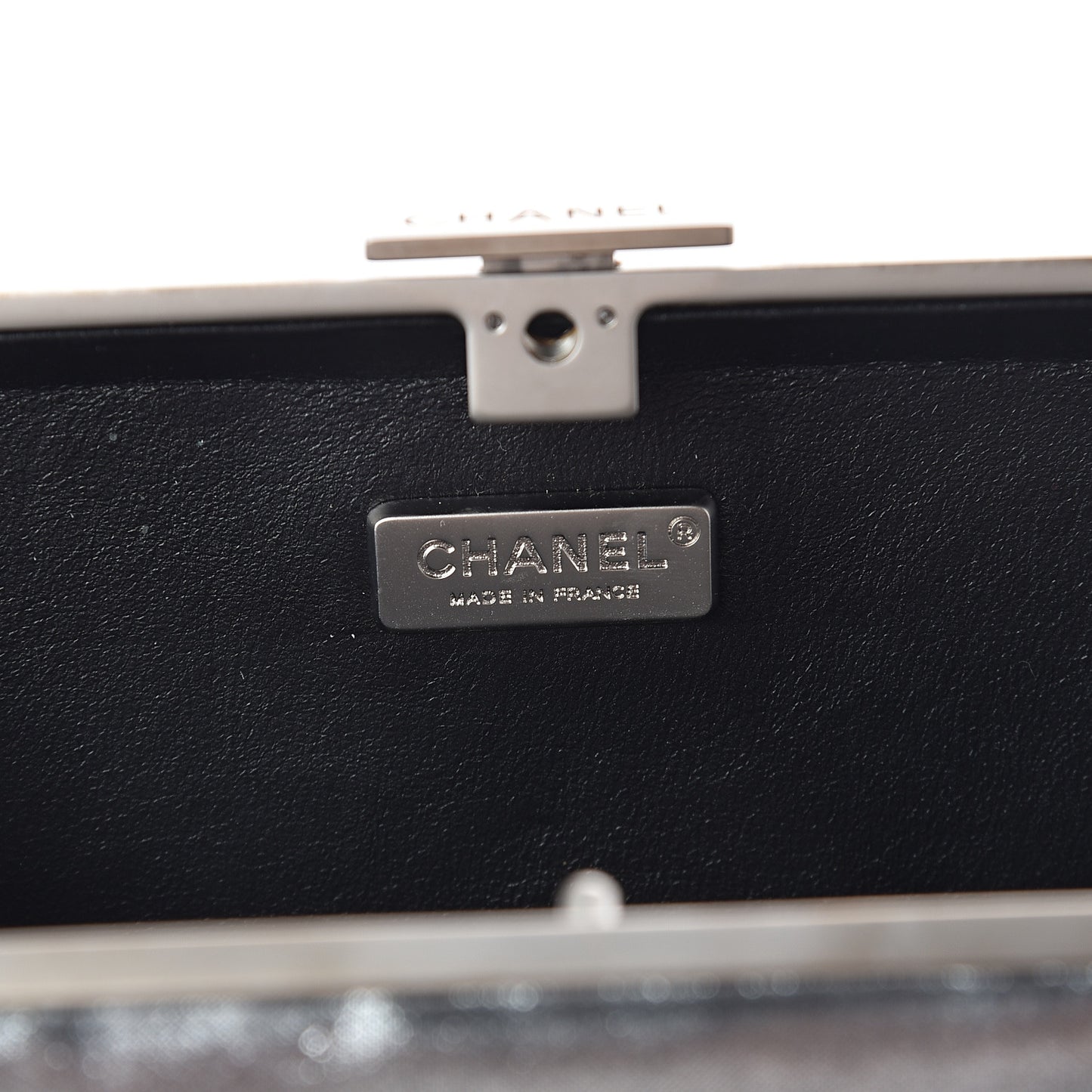 Iridescent Calfskin Quilted CC Lock Evening Clutch Silver