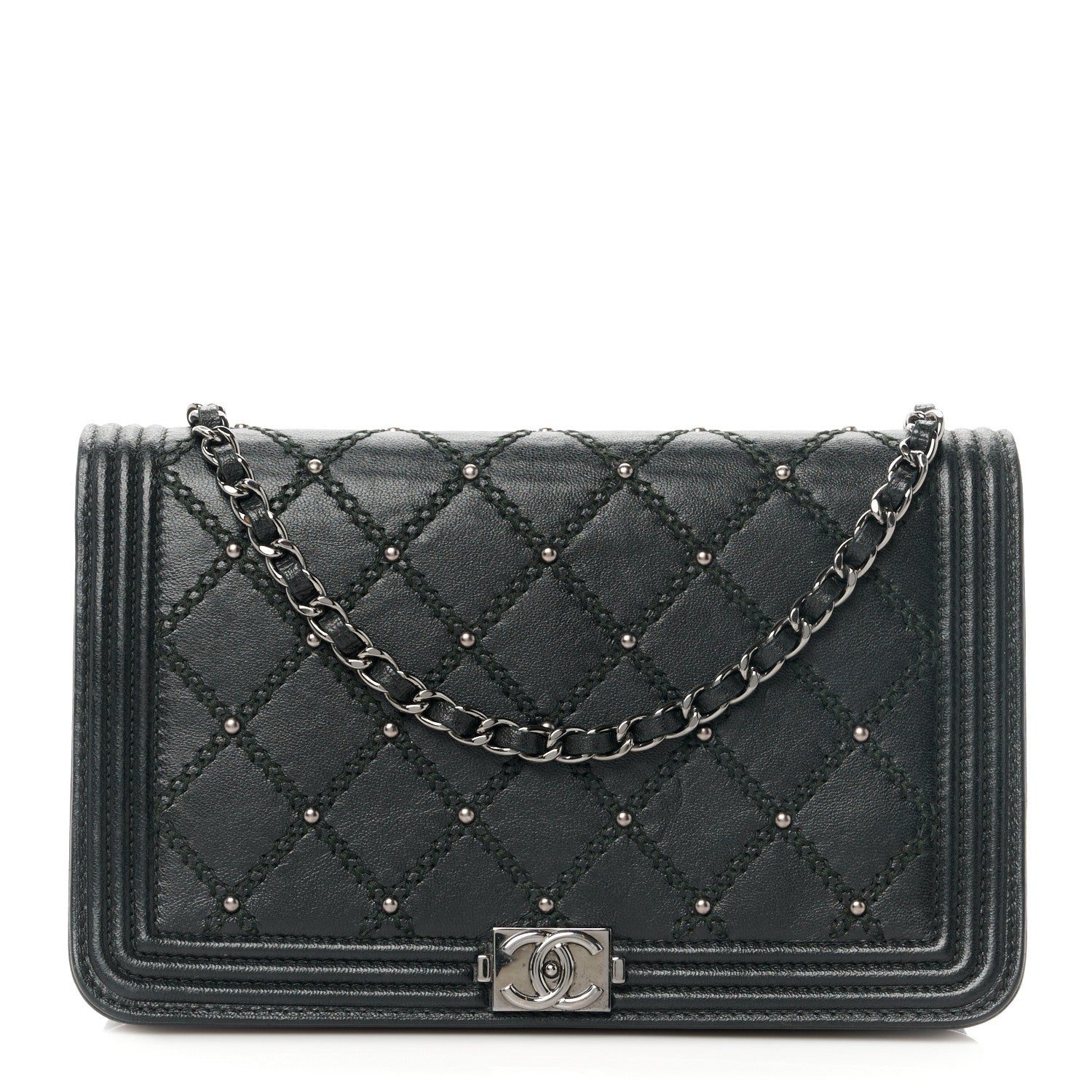 Chanel Calfskin Quilted Studded Boy Wallet On Chain WOC Black 1 of 11