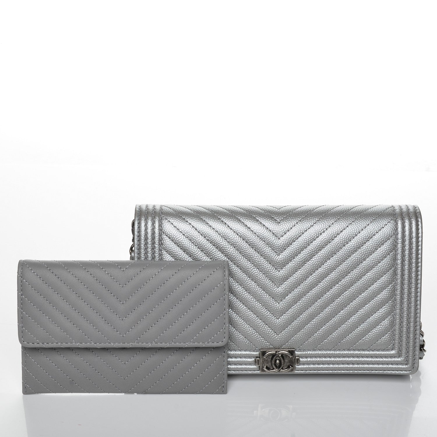 Chanel Metallic Caviar Chevron Quilted Boy Wallet On Removable Chain WOC Silver 5 of 9