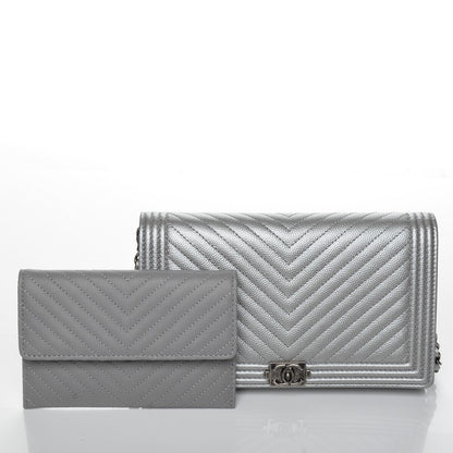 Chanel Metallic Caviar Chevron Quilted Boy Wallet On Removable Chain WOC Silver 5 of 9
