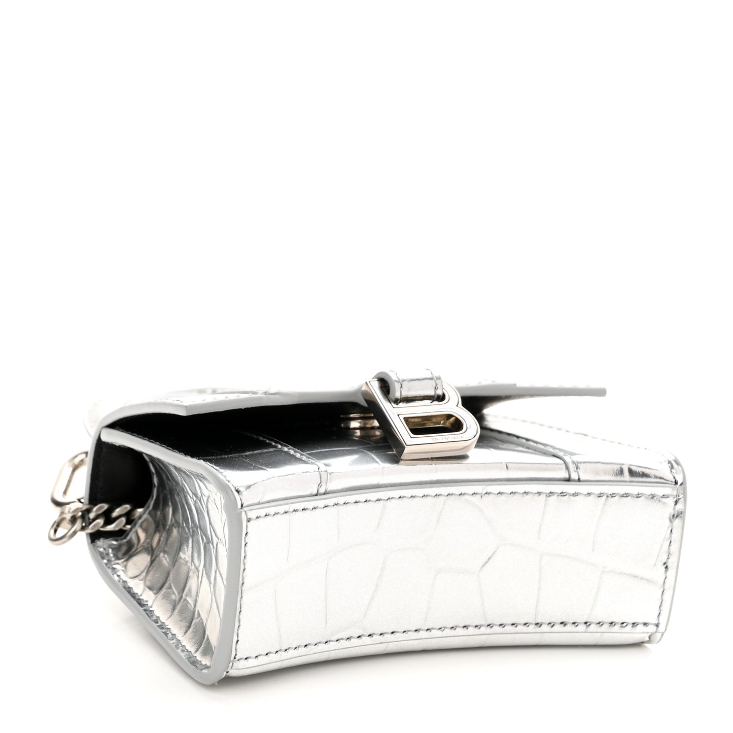 Metallic Calfskin Crocodile Embossed Hourglass Top Handle Bag Mini with Chain Silver