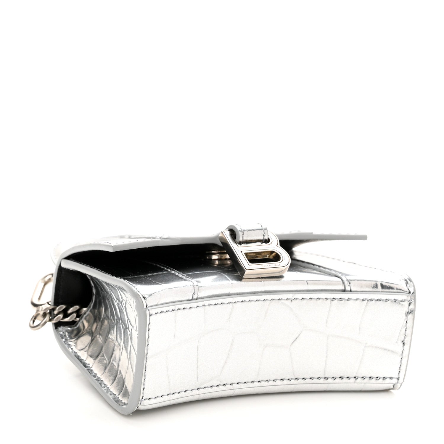 Balenciaga Metallic Calfskin Crocodile Embossed Hourglass Top Handle Bag Mini with Chain Silver 4 of 8