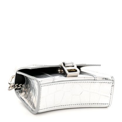 Balenciaga Metallic Calfskin Crocodile Embossed Hourglass Top Handle Bag Mini with Chain Silver 4 of 8
