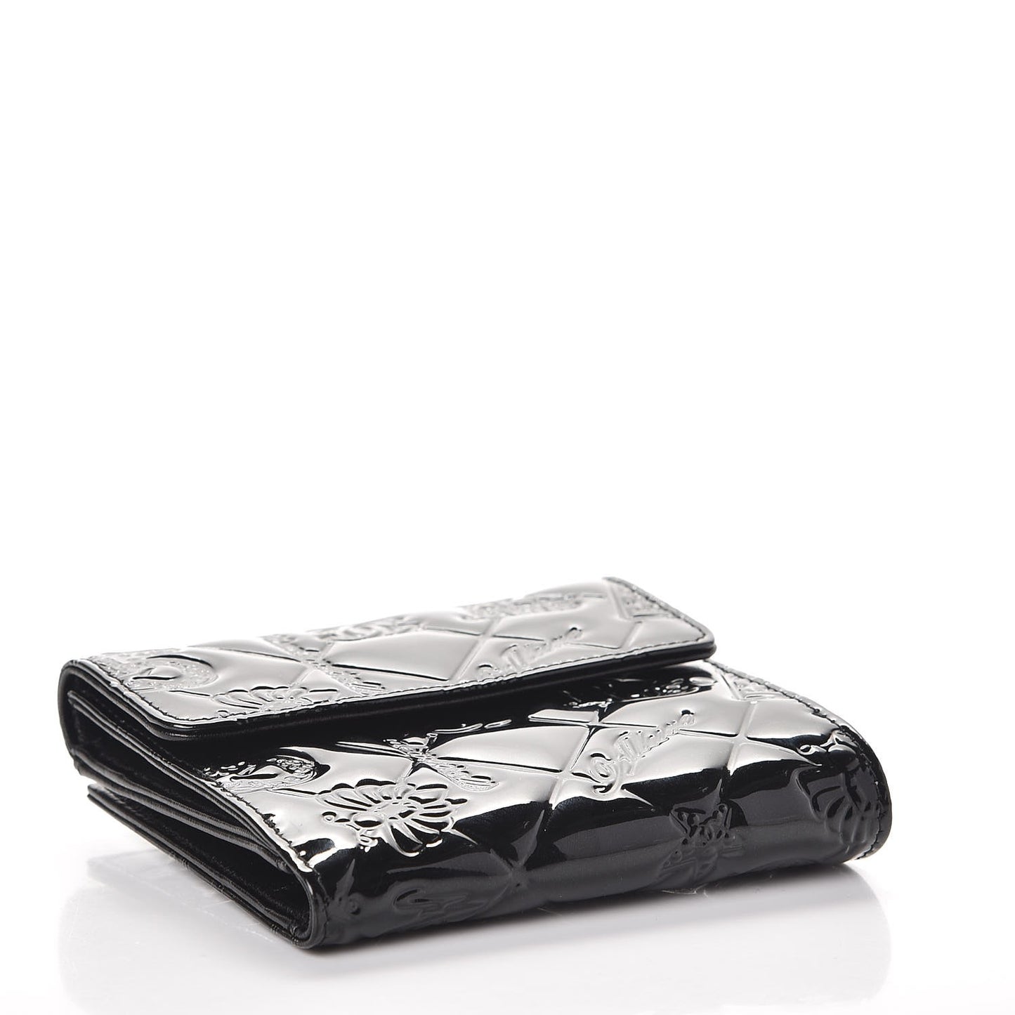 Patent Calfskin Lucky Symbols Compact French Flap Wallet Black