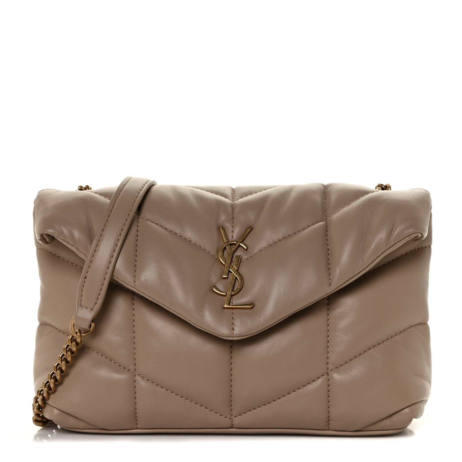 Saint Laurent Lambskin Quilted Toy Loulou Puffer Monogram Chain Satchel Dark Beige 1 of 11