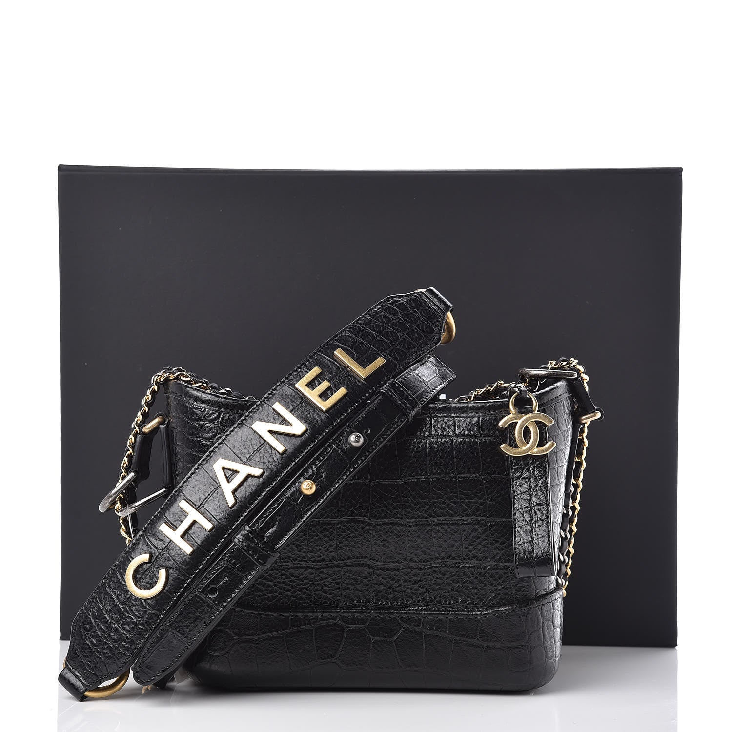 Chanel Calfskin Crocodile Embossed Small Gabrielle Cocodile Hobo Black 12 of 12
