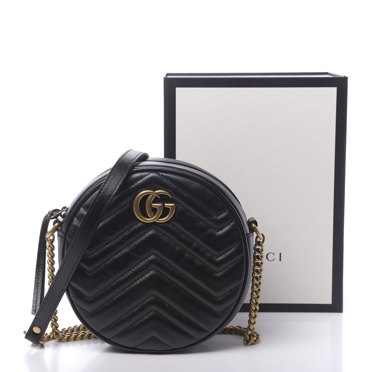 Gucci Azalea Calfskin Matelasse Heart Mini GG Marmont Round Shoulder Bag Black 11 of 11