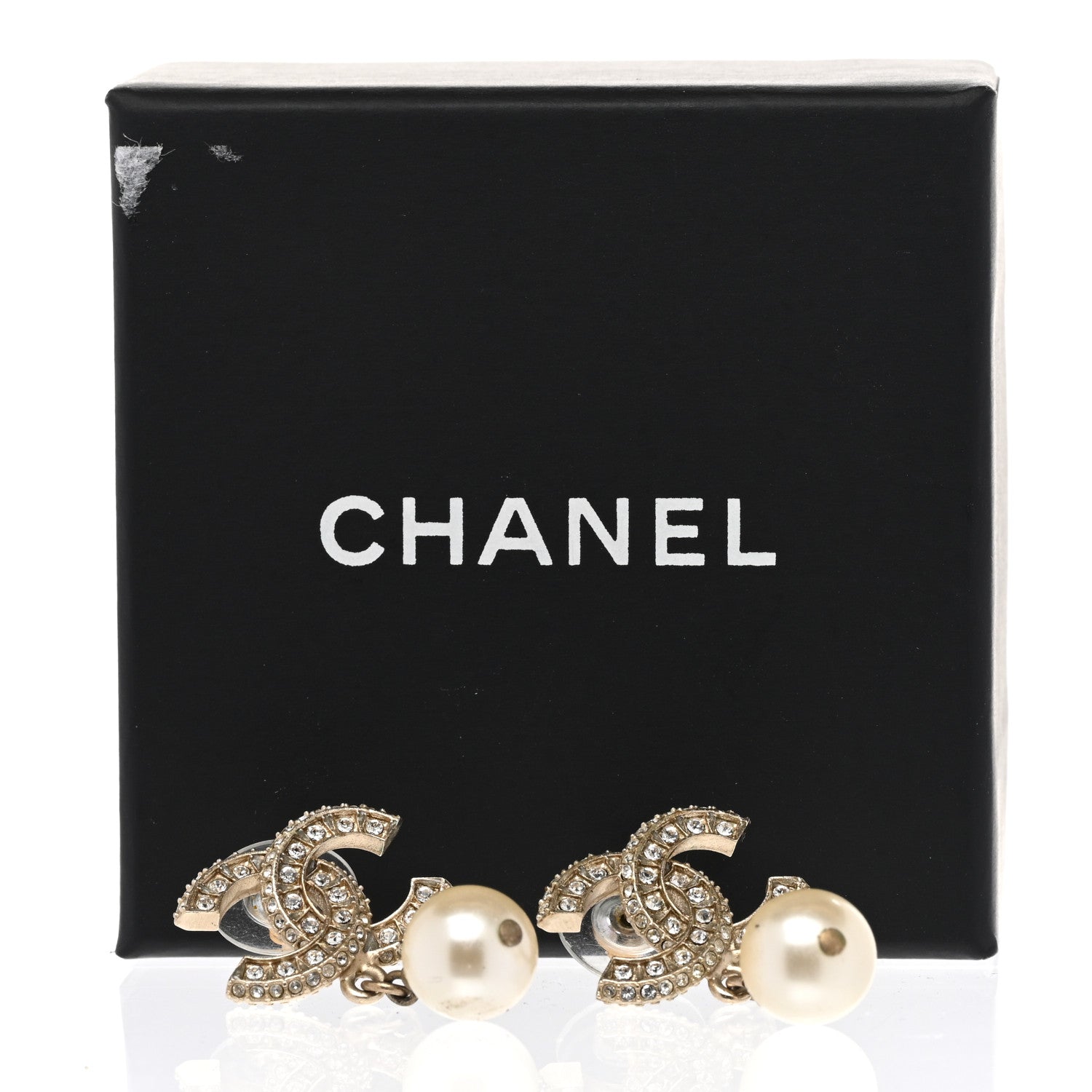 Chanel Crystal Timeless CC Pearl Drop Earrings Light Gold 5 of 5