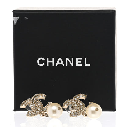 Chanel Crystal Timeless CC Pearl Drop Earrings Light Gold 5 of 5