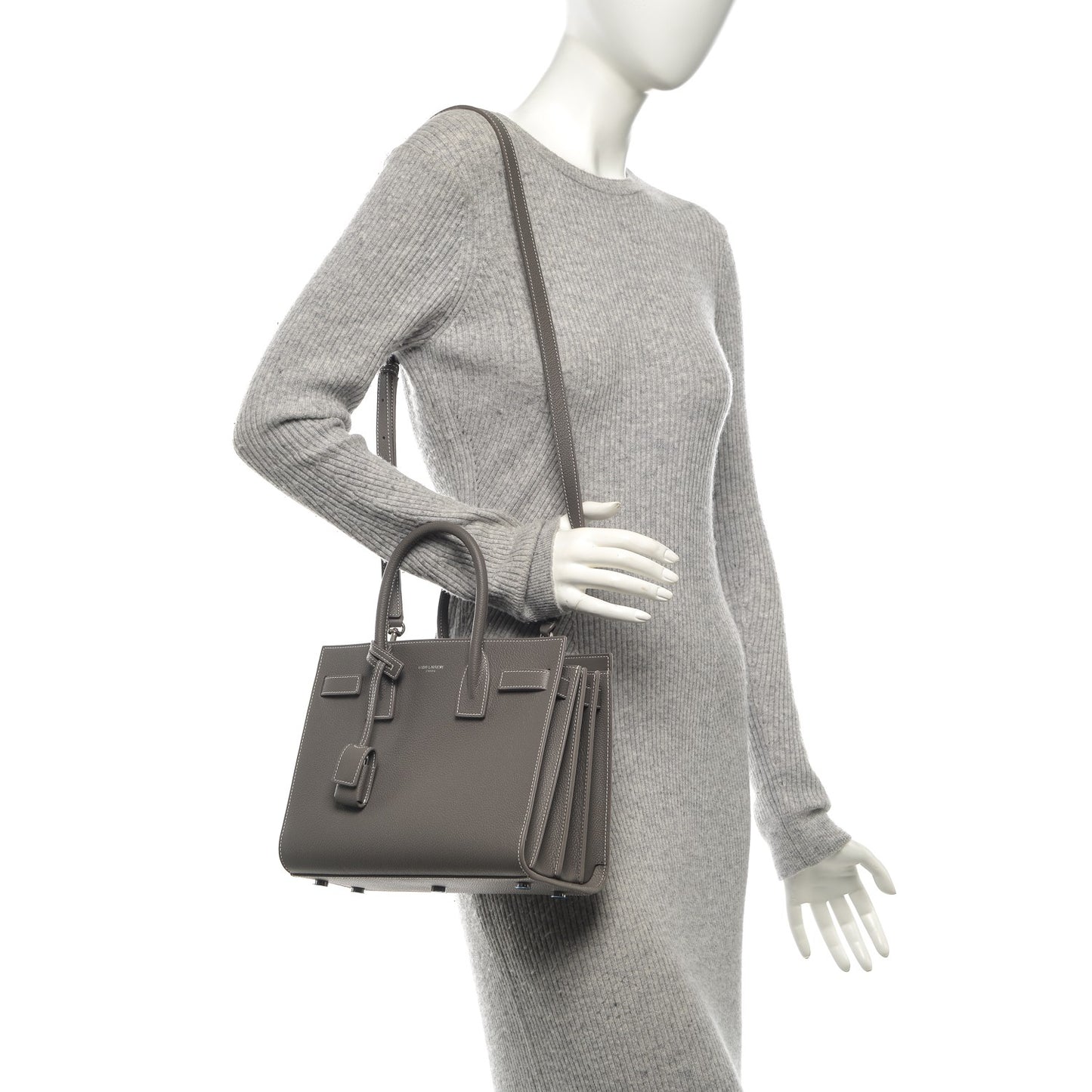 Grained Calfskin Topstich Baby Sac De Jour Fog