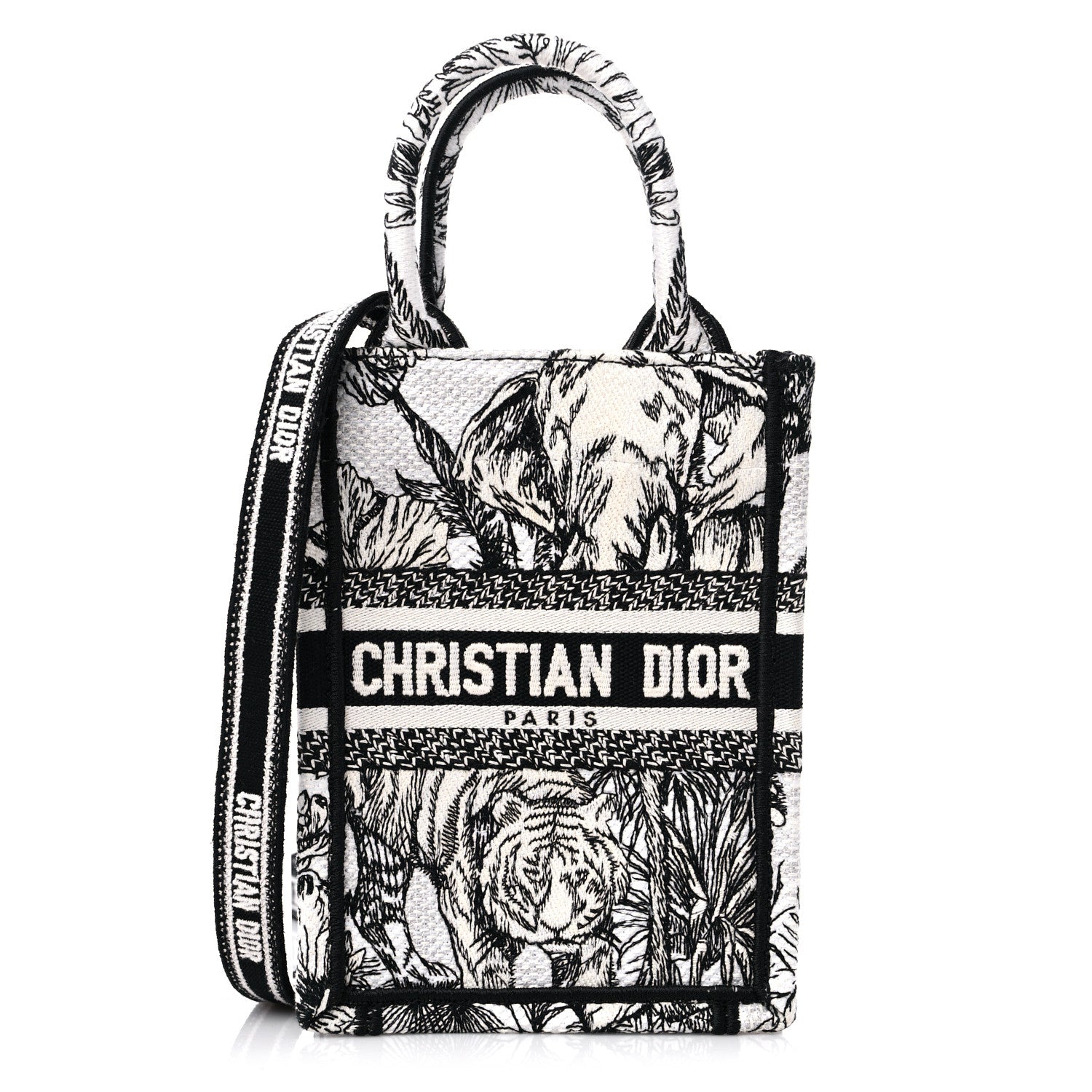 Christian Dior Canvas Toile de Jouy Voyage Embroidered Mini Book Tote Phone Bag White Black 1 of 9