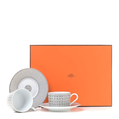 Hermes Porcelain Mosaique Au 24 Platine Tea Cup And Saucer Set Of 2 Platinum 9 of 9