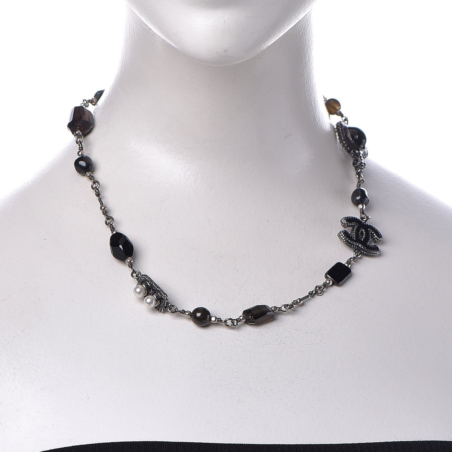 Chanel Pearl Enamel Bead CC Necklace Ruthenium Black Silver 2 of 8