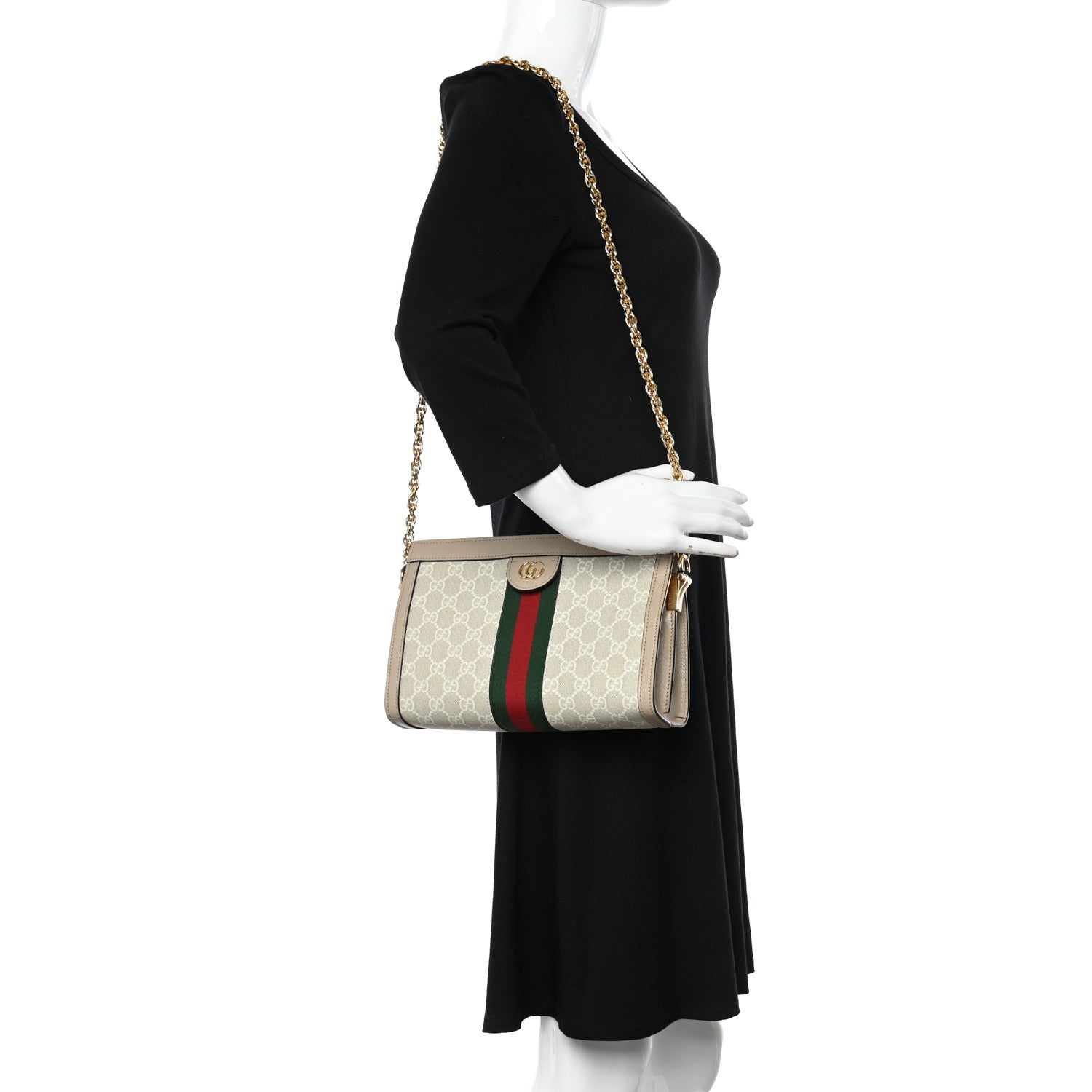 Gucci GG Supreme Monogram Textured Dollar Calfskin Web Small Ophidia Chain Shoulder Bag Beige Mystic White Oatmeal 2 of 10