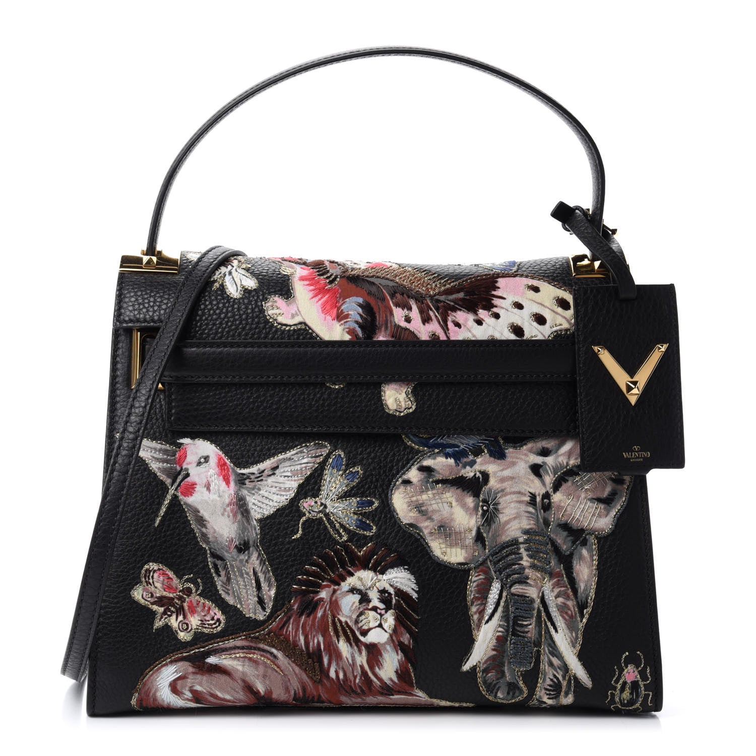Valentino Garavani Pebbled Calfskin Animal Embroidered My Rockstud Frame Bag Black Multicolor 1 of 9