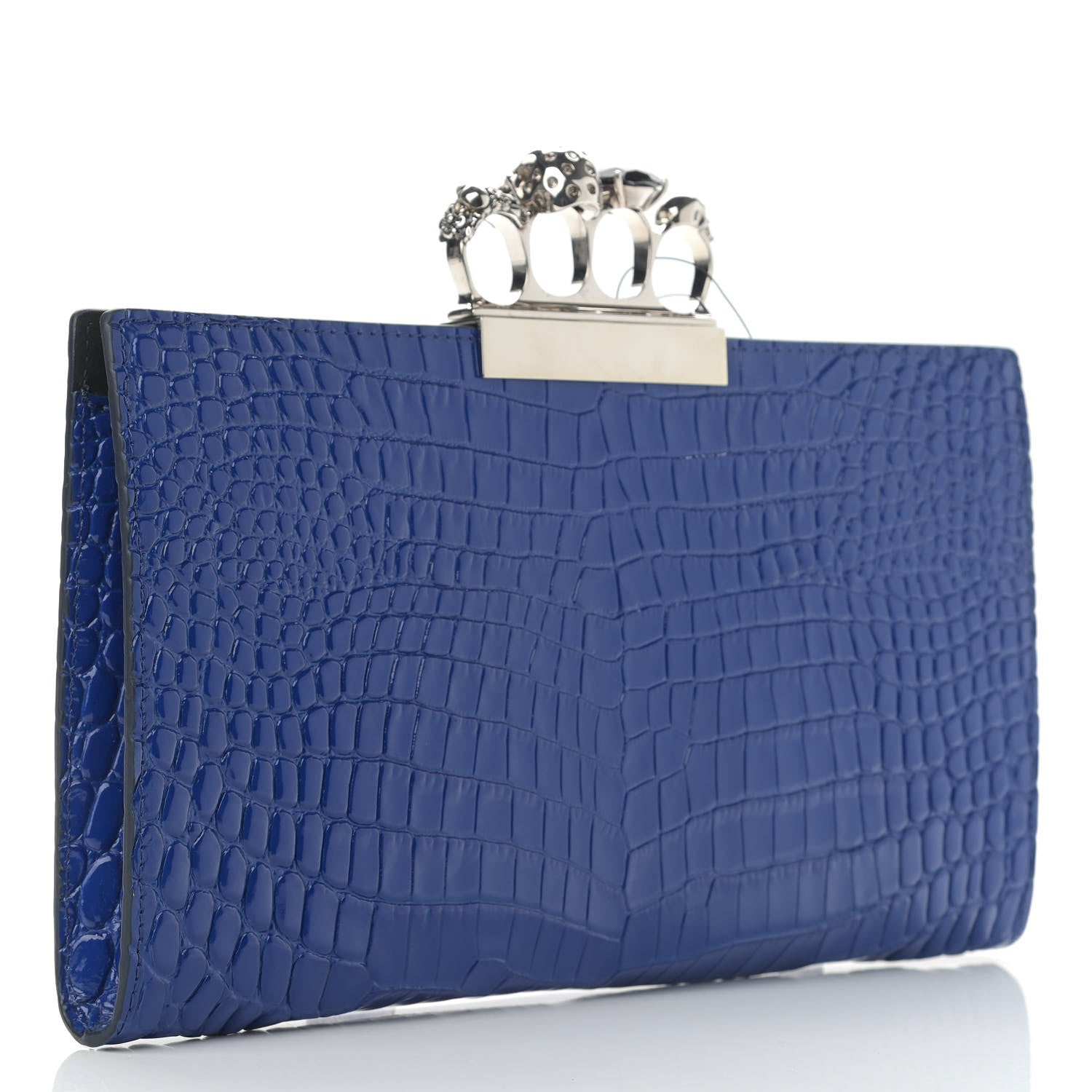 Alexander McQueen Calfskin Crocodile Embossed Knuckle Flat Clutch Blue 3 of 11