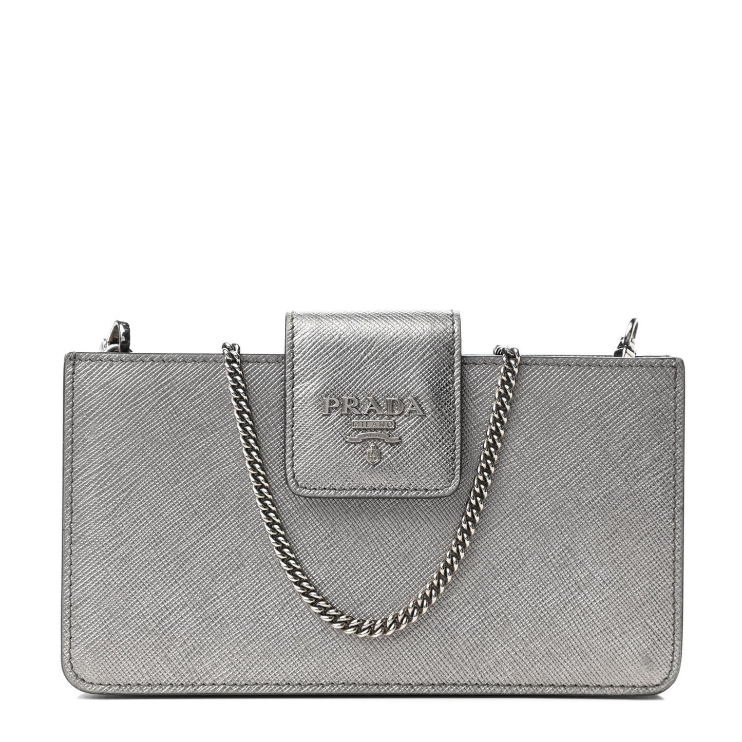 Metallic Saffiano Mini Chain Wallet Cromo