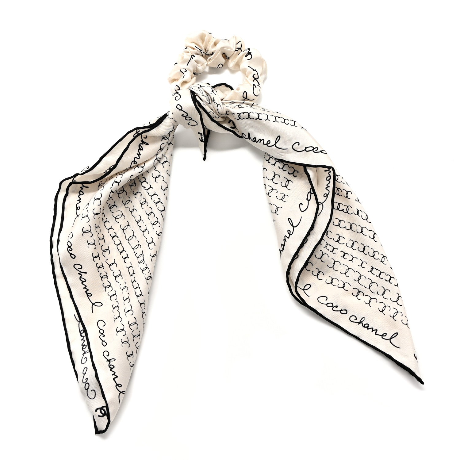 Chanel Silk Twill Square Scarf Hair Tie White Black 1 of 7