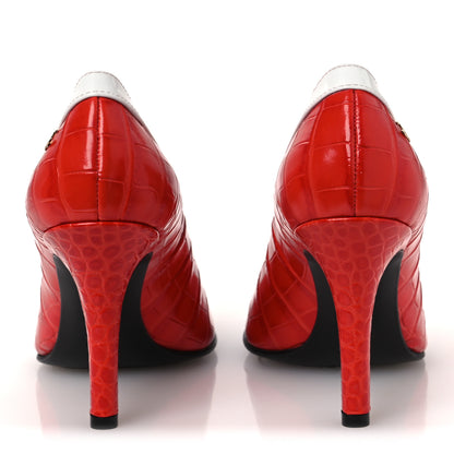 Chanel Crocodile Embossed Patent Calfskin Pumps 36.5 Coral White 6 of 11