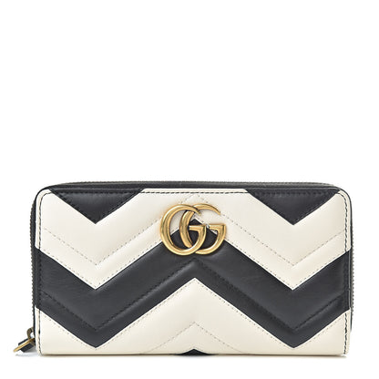 Gucci Calfskin Matelasse GG Marmont Zip Around Wallet Black White 1 of 8
