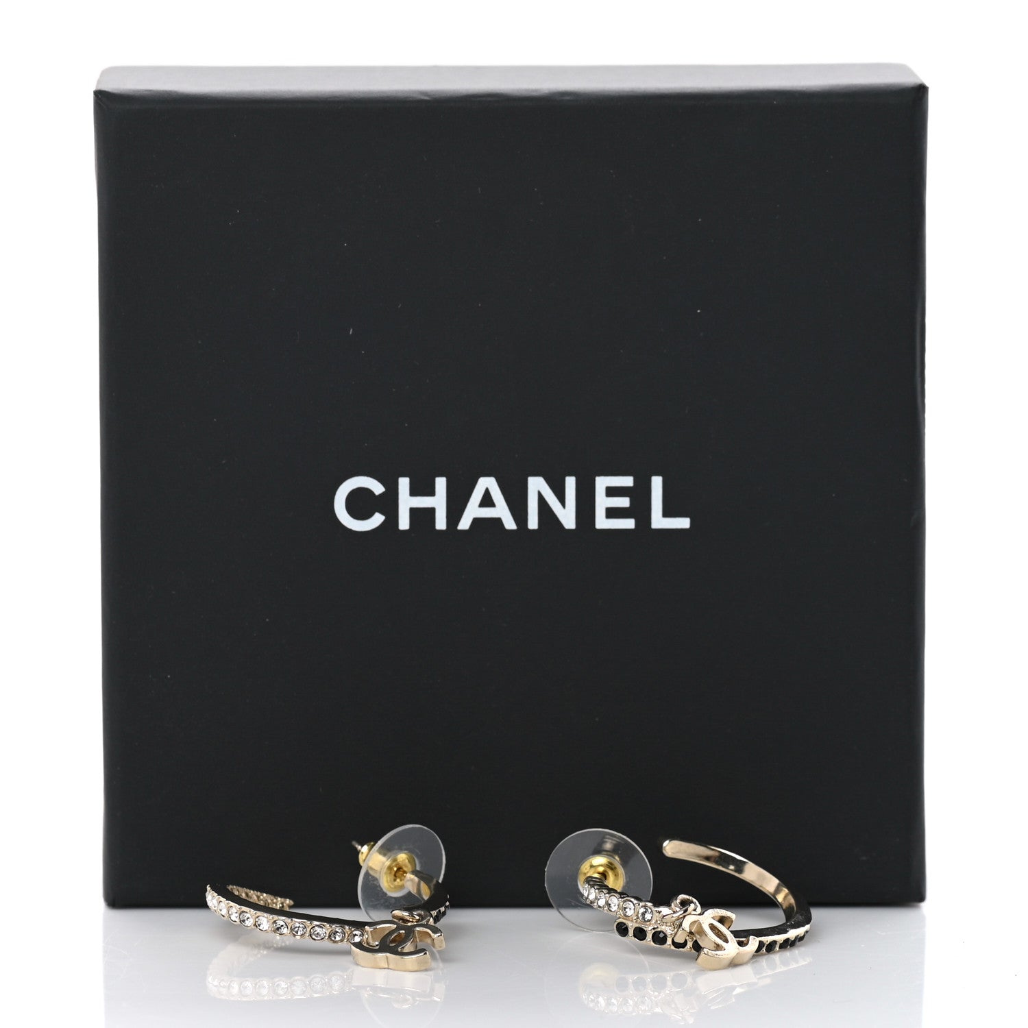 Chanel Crystal CC Hoop Earrings Gold Black 6 of 6