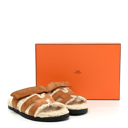 Hermes Suede Goatskin Woolskin Womens Chypre Sandals 37 Brun Fume Ecru 9 of 9