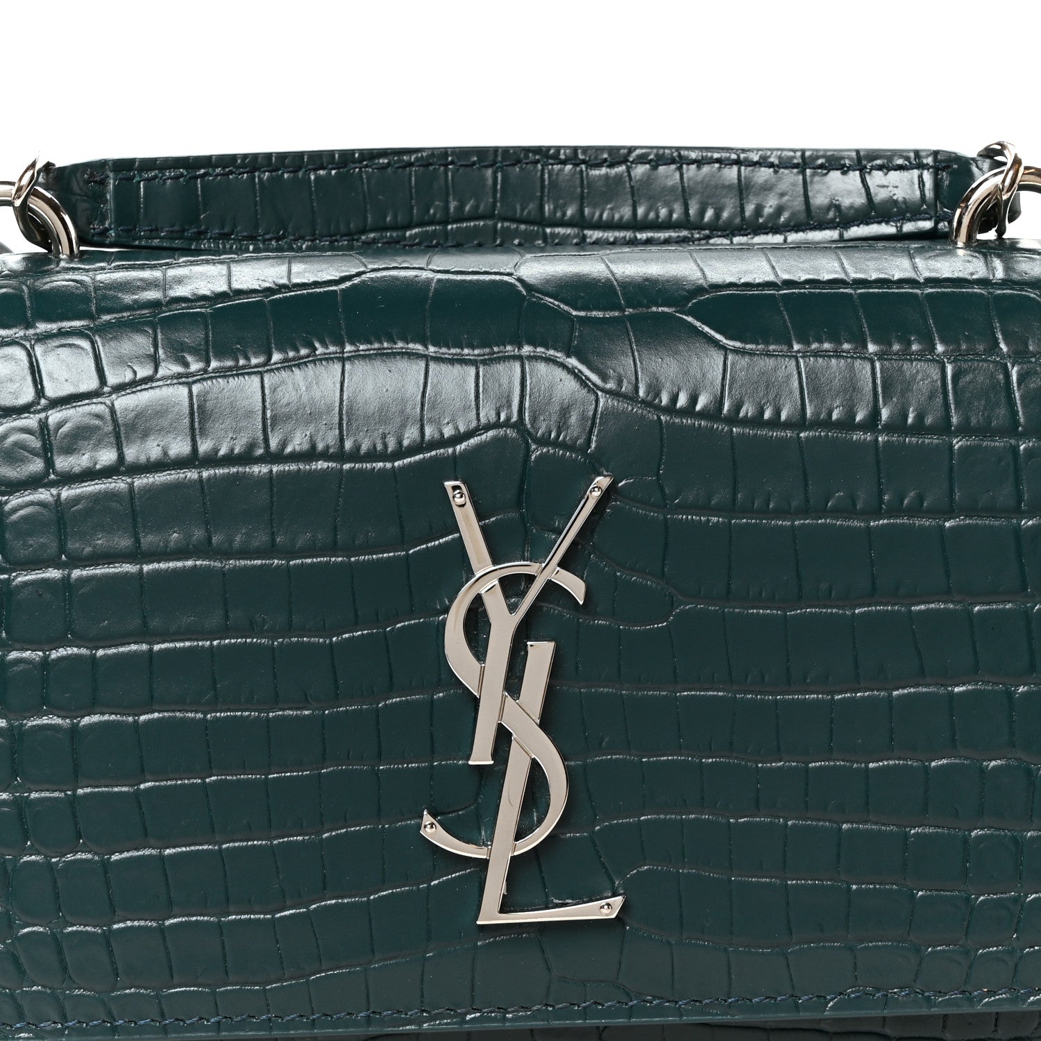 Saint Laurent Calfskin Crocodile Embossed Monogram Sunset Chain Wallet Dark Turquoise 8 of 10