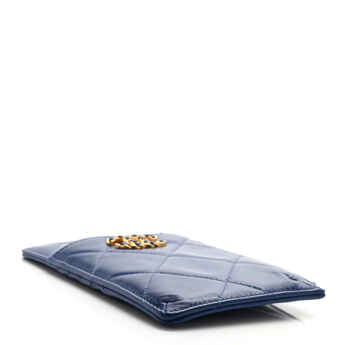 Shiny Goatskin Quilted Chanel 19 Flat Wallet Pouch Blue