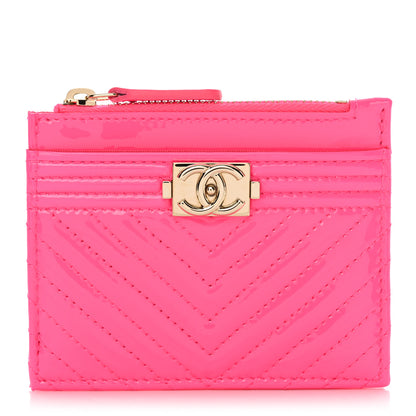 Chanel Patent Chevron Quilted Boy Zip Card Holder Neon Pink 1 of 8