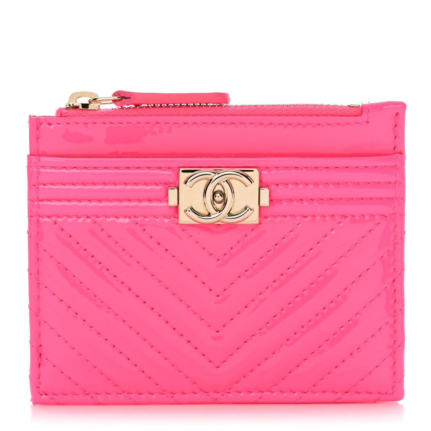 Chanel Patent Chevron Quilted Boy Zip Card Holder Neon Pink 1 of 7