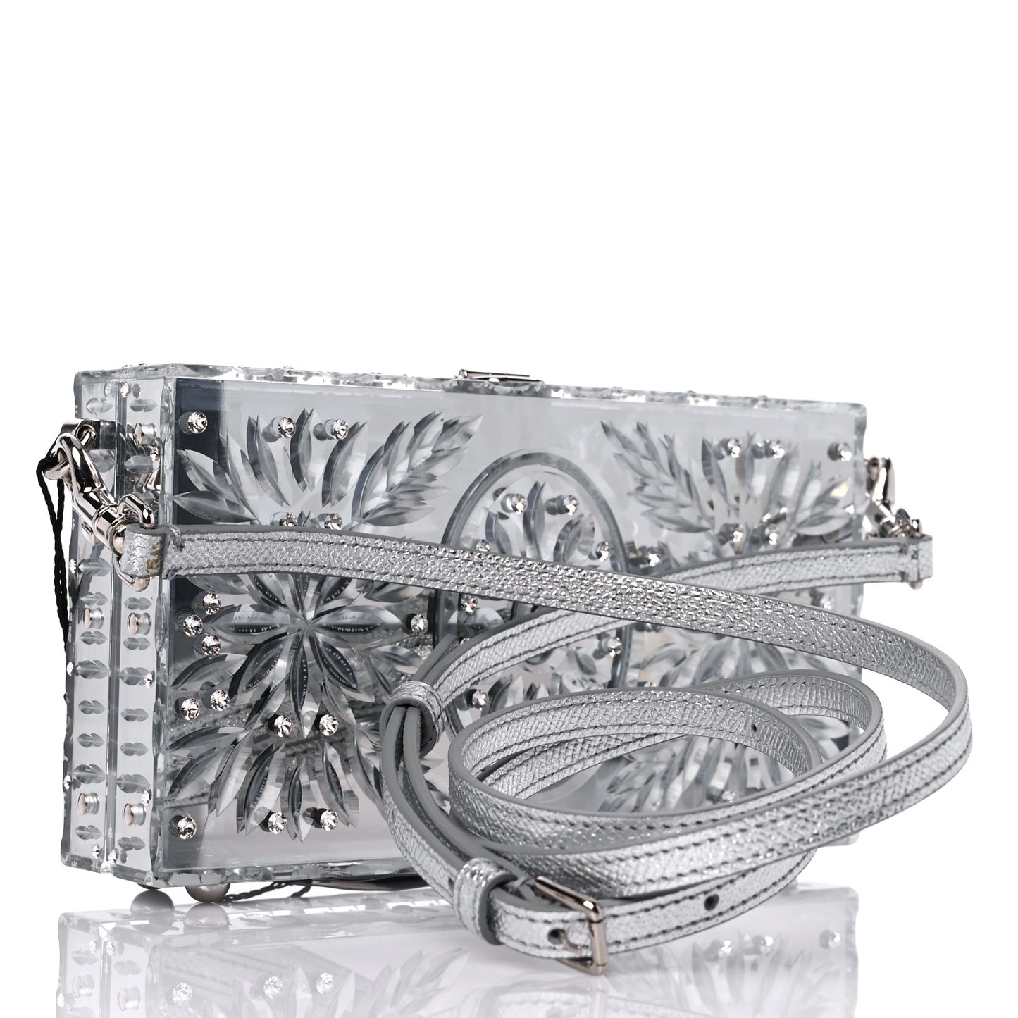 Crystal Embellished Plexiglass Dolce Box Clutch Silver