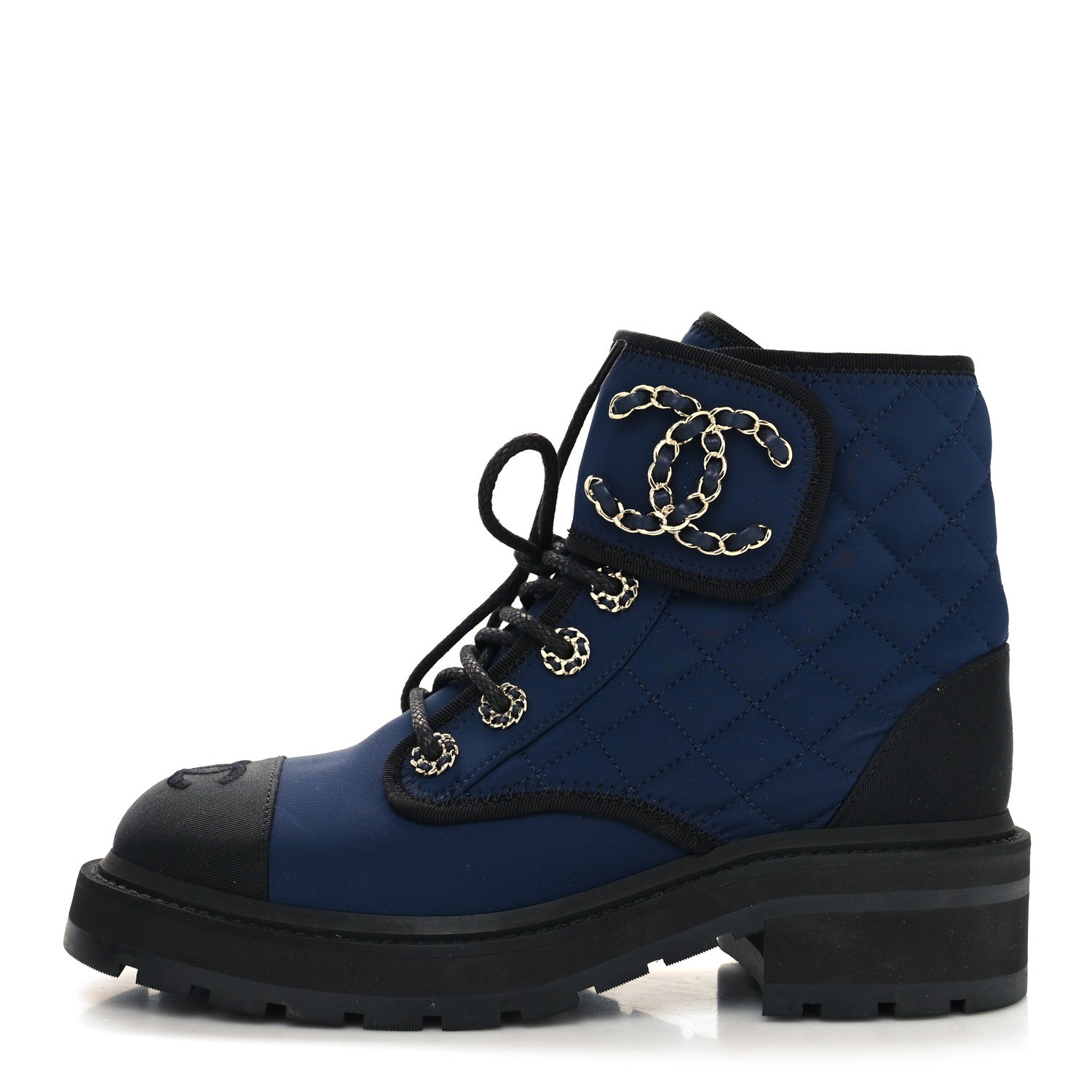 Chanel Fabric Grosgrain Quilted Cap Toe Lace Up Combat Boots 36 Navy Black 1 of 7