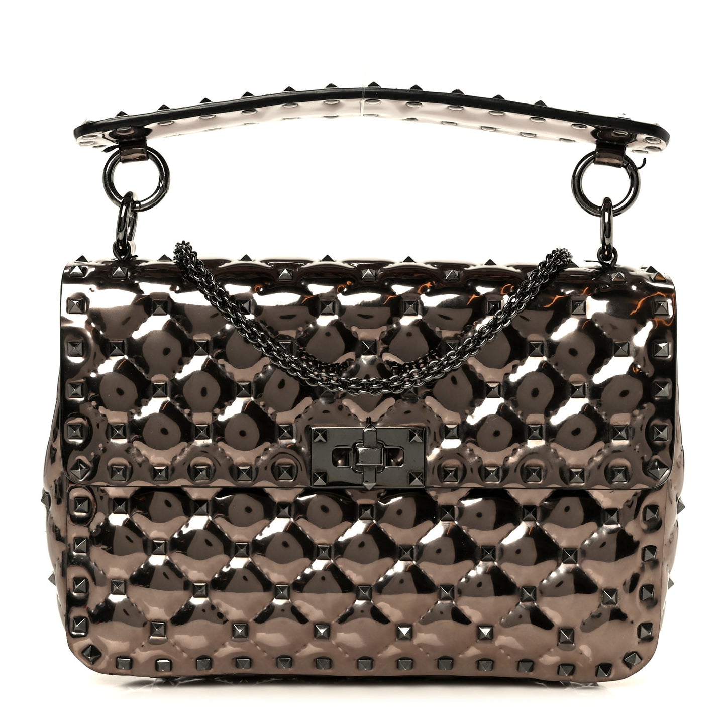 Metallic Patent Medium Rockstud Spike Shoulder Bag Rutenio