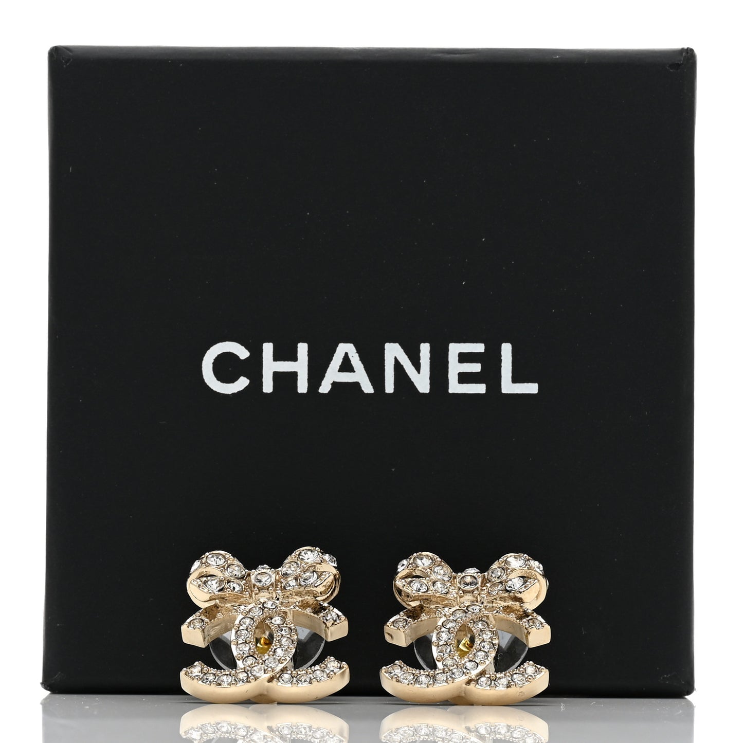 Crystal CC Bow Dangle Earrings Gold