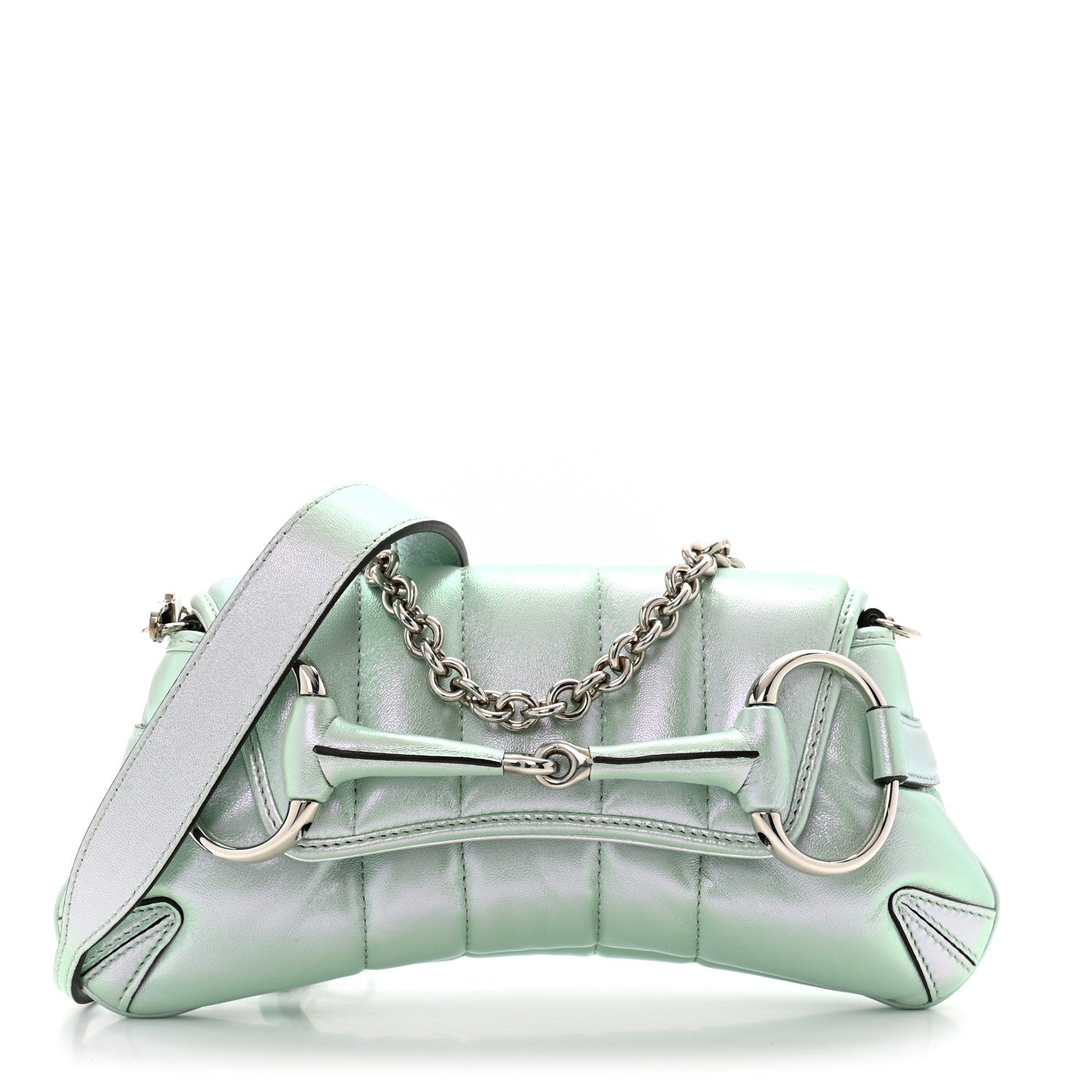 Gucci Iridescent Nappa Vertical Matelasse Small Maxi Horsebit Chain Shoulder Bag Iridescent Salvy Green 1 of 12