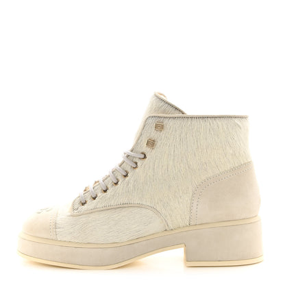 Chanel Suede Pony Hair Shearling Lace Up Combat Boots 40 White 1 of 11